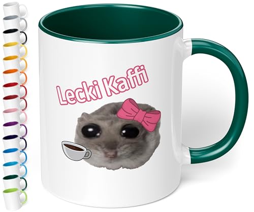 True Statements Lustige Keramik-Tasse „Lecki Kaffi“ - 330ml Kaffeebecher - berühmter Hamsti Hamster - pelziger Freund sorgt für gute Laune (Dunkelgrün) von True Statements