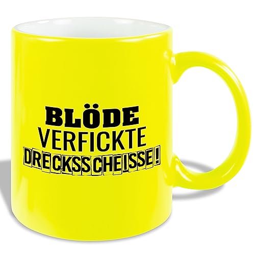 True Statements Lustige Tasse Blöde verfickte Drecksscheisse - Neon Kaffee-Tasse mit Spruch - Geschenk für Mitarbeiter - Chef - Büro - Arbeit, neon gelb von True Statements