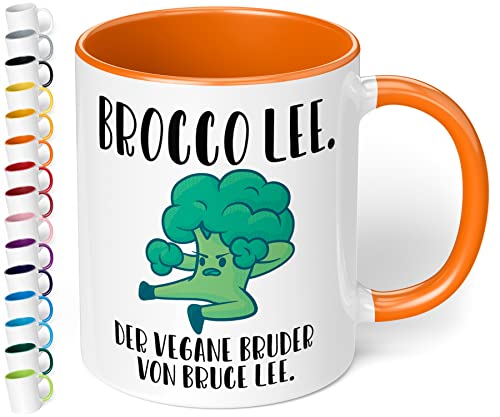 True Statements Lustige Tasse Brocco Lee Der Vegane Bruder von Bruce Lee - Kaffeetasse mit Spruch als Geschenk - beidseitig bedruckt - spülmaschinenfest, innen orange von True Statements