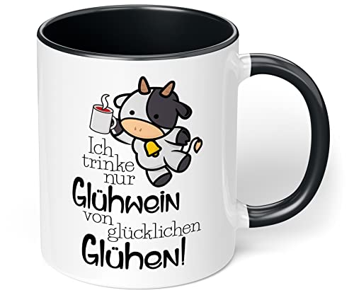 Lustige Keramik-Tasse „Ich trinke nur Glühwein von glücklichen Glühen“ – 330ml - Kaffeebecher mit Spruch - Geschenke für Kollegen und Mitarbeiter Büro Arbeit Weihnachten (Schwarz) von True Statements