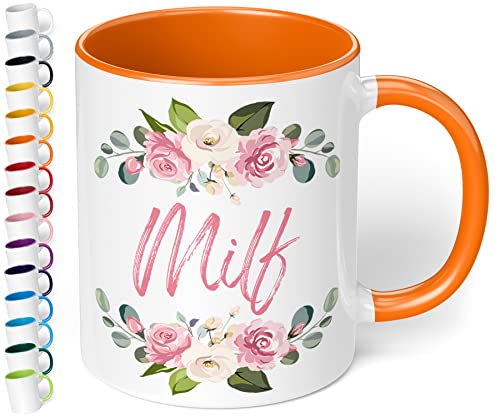 True Statements Lustige Tasse MILF - Kaffeetasse mit Spruch als Geschenk - beidseitig bedruckt - spülmaschinenfest, innen orange von True Statements