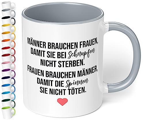 True Statements Lustige Tasse Männer brauchen Frauen damit sie bei Schnupfen nicht sterben - Kaffeetasse mit Spruch als Geschenk - beidseitig bedruckt - spülmaschinenfest, innen grau von True Statements