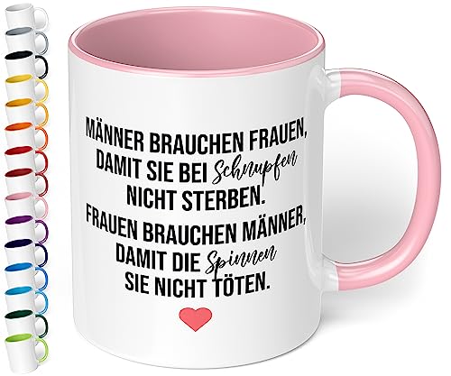 True Statements Lustige Tasse Männer brauchen Frauen damit sie bei Schnupfen nicht sterben - Kaffeetasse mit Spruch als Geschenk - beidseitig bedruckt - spülmaschinenfest, innen rosa von True Statements