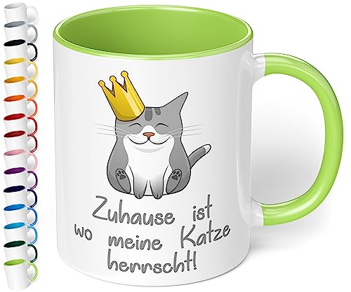 True Statements Lustige Tasse Zuhause ist wo meine Katze herrscht - Kaffee-Tasse mit Spruch - Geschenk für Mitarbeiter - Chef - Büro - Arbeit, innen Hellgrün von True Statements