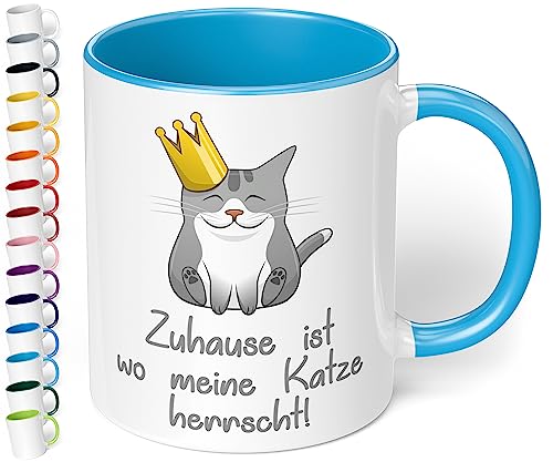 True Statements Lustige Tasse Zuhause ist wo meine Katze herrscht - Kaffee-Tasse mit Spruch - Geschenk für Mitarbeiter - Chef - Büro - Arbeit, innen Hellblau von True Statements