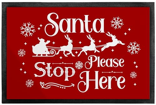 True Statements Lustige Weihnachts-Fußmatte „Santa Please Stop here“ – Rentier-Schlitten-Motiv - Weihnachtsdekoration - für Innen & Außen – rutschfest –Deko - Geschenke Weihnachten (60 x 40 cm) von True Statements