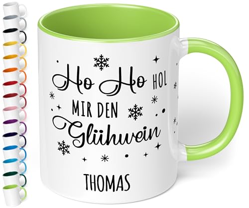 True Statements Lustige Weihnachtstasse mit Namen „Ho Ho hol mir den Glühwein“ - 330ml - personalisierter Keramik Kaffeebecher mit Spruch – Geschenk zu Weihnachten (Hellgrün) von True Statements