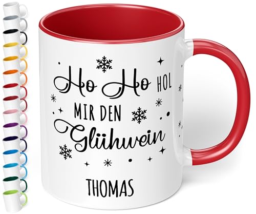 True Statements Lustige Weihnachtstasse mit Namen „Ho Ho hol mir den Glühwein“ - 330ml - personalisierter Keramik Kaffeebecher mit Spruch – Geschenk zu Weihnachten (Rot) von True Statements