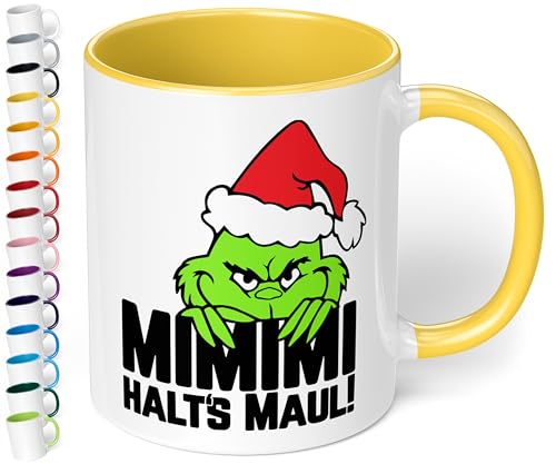 True Statements Lustige Weihnachtstasse mit Namen und böser Katze „Mimimi Halts’s Maul!“ - 330ml - personalisierter Keramik Kaffeebecher mit Spruch – Anti Weihnachten Geschenk (Hellgelb) von True Statements