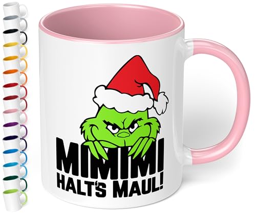 True Statements Lustige Weihnachtstasse mit Namen und böser Katze „Mimimi Halts’s Maul!“ - 330ml - personalisierter Keramik Kaffeebecher mit Spruch – Anti Weihnachten Geschenk (Rosa) von True Statements