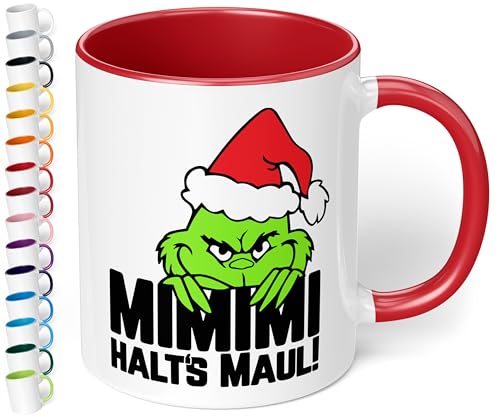 True Statements Lustige Weihnachtstasse mit Namen und böser Katze „Mimimi Halts’s Maul!“ - 330ml - personalisierter Keramik Kaffeebecher mit Spruch – Anti Weihnachten Geschenk (Rot) von True Statements