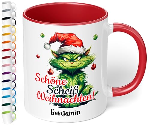 True Statements Lustige Weihnachtstasse mit Namen und böser Katze „Schöne Sch* Weihnachten!“ - 330ml - personalisierter Keramik Kaffeebecher mit Spruch – Anti Weihnachten Geschenk (Rot) von True Statements