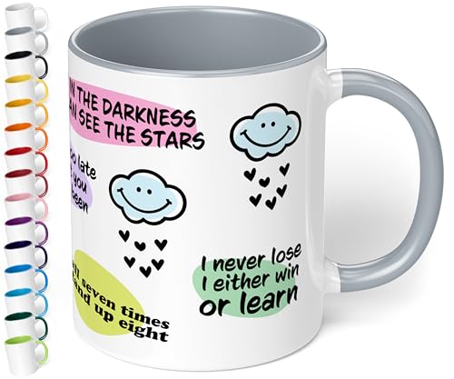 True Statements Motivationstasse Büro & Zuhause „Never give up“ – lustige Kaffeetasse mit Spruch für Kollegen als Geschenk - Wolken - Keramik, ca. 330ml, Grau von True Statements