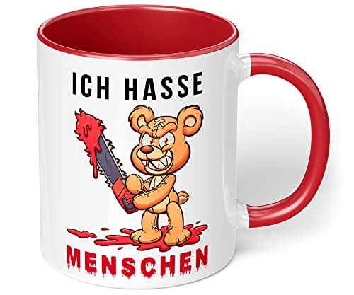 True Statements Spruchtasse Ich Hasse Menschen - Kettensäge Teddybär - Die Kaffeetasse fürs Büro - beidseitig Bedruckt - spülmaschinenfest rot von True Statements