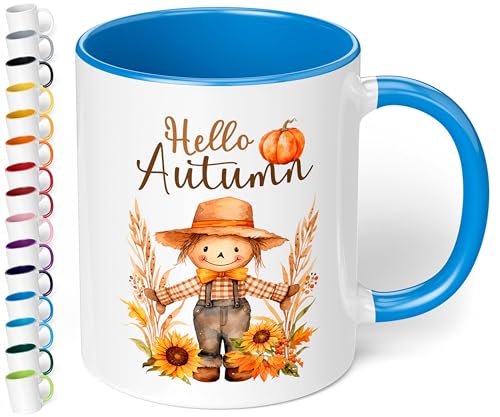 True Statements Süße Keramik-Tasse „Hello Autumn“ - 330ml - Büro Kaffeetasse mit Spruch – Geschenk für Kollegen & Freundin (Cambridge Blau) von True Statements