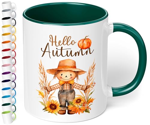 True Statements Süße Keramik-Tasse „Hello Autumn“ - 330ml - Büro Kaffeetasse mit Spruch – Geschenk für Kollegen & Freundin (Dunkelgrün) von True Statements