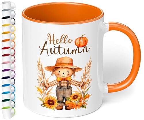 True Statements Süße Keramik-Tasse „Hello Autumn“ - 330ml - Büro Kaffeetasse mit Spruch – Geschenk für Kollegen & Freundin (Orange) von True Statements