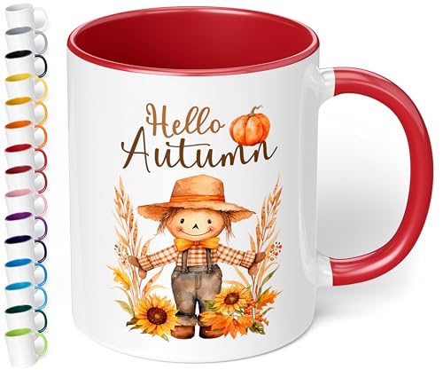 True Statements Süße Keramik-Tasse „Hello Autumn“ - 330ml - Büro Kaffeetasse mit Spruch – Geschenk für Kollegen & Freundin (Rot) von True Statements