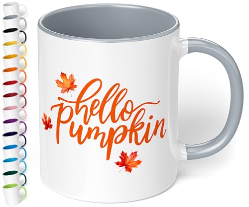 True Statements Süße Keramik-Tasse „Hello Pumpkin“ - 330ml - Büro Kaffeetasse mit Spruch – Geschenk für Freunde & Kollegen zum Geburtstag (Grau) von True Statements