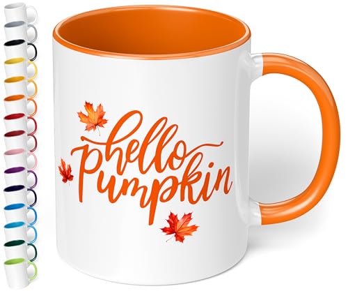 True Statements Süße Keramik-Tasse „Hello Pumpkin“ - 330ml - Büro Kaffeetasse mit Spruch – Geschenk für Freunde & Kollegen zum Geburtstag (Orange) von True Statements