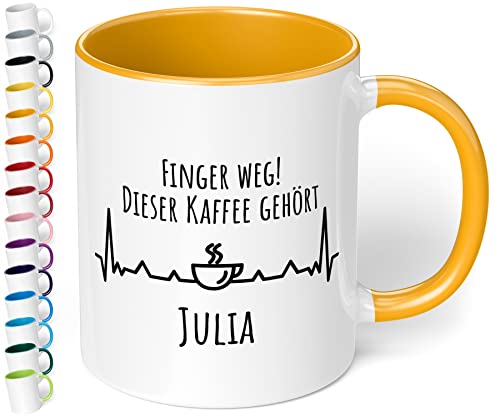 True Statements Tasse Finger weg Dieser Kaffee gehört Wunschname personalisiert - personalisierte Kaffeetasse mit Wunsch-Name - spülmaschinenfest - tolles Geschenk zu Weihnachten, für Büro - goldgelb von True Statements