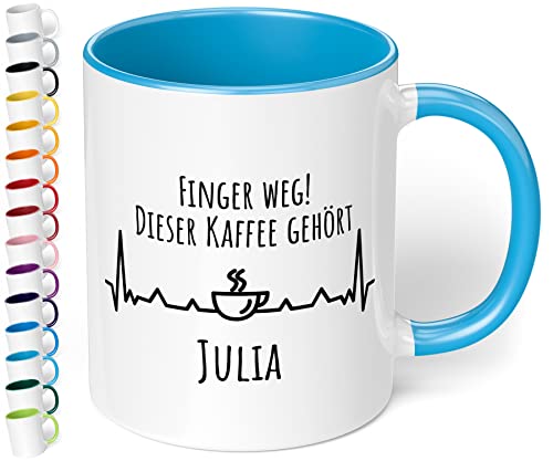 True Statements Tasse Finger weg Dieser Kaffee gehört Wunschname personalisiert - personalisierte Kaffeetasse mit Wunsch-Name - spülmaschinenfest - tolles Geschenk zu Weihnachten, für Büro - hellblau von True Statements