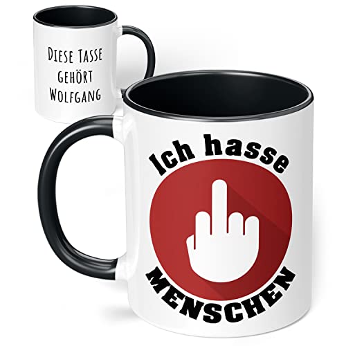 True Statements Tasse "Ich hasse Menschen"- personalisiert mit Wunsch-Namen - originelles Geschenk, Mittelfinger - innen schwarz von True Statements