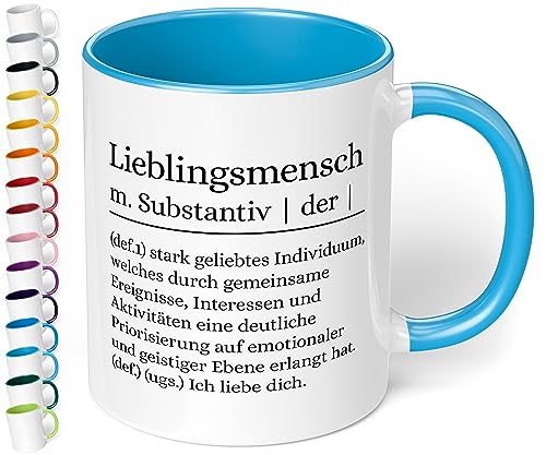 True Statements Tasse Lieblingsmensch Definition - Kaffeetasse mit schönem Spruch - beidseitig bedruckt - spülmaschinenfest, innen hellblau von True Statements