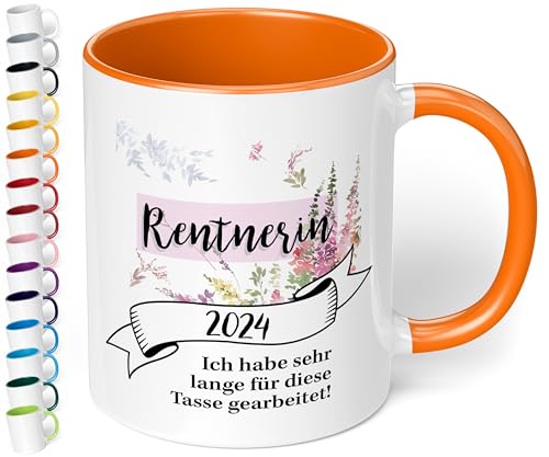 True Statements Tasse Rentnerin 2024 - BAND-Motiv - Kaffeetasse mit schönem Spruch - beidseitig bedruckt - spülmaschinenfest, innen orange von True Statements