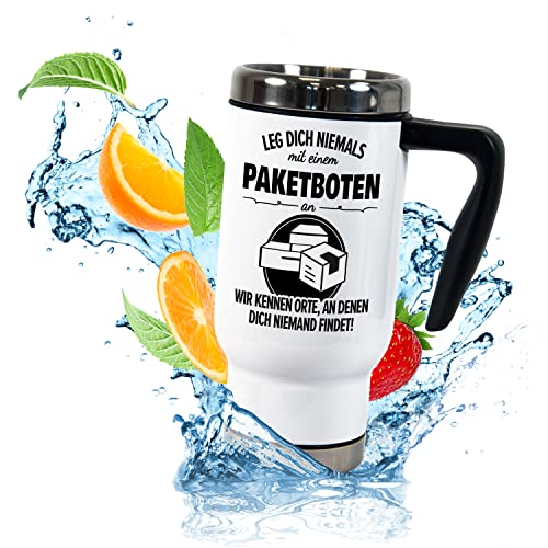 True Statements Thermobecher für Coffee to go „Leg dich niemals mit einem Paketboten an“ – lustiger ToGo Berufe-Kaffeebecher 470ml mit Handgriff – Geschenk (Paketboten) von True Statements