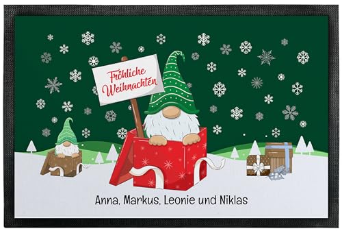 True Statements Weihnachts-Fußmatte personalisiert mit Wunschtext „Fröhliche Weihnachten“ - mit Wichtel Motiv (grün) - für Innen & Außen – rutschfest –Deko - Geschenke Weihnachten (50 x 35 cm) von True Statements
