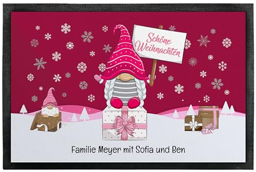 True Statements Weihnachts-Fußmatte personalisiert mit Wunschtext „Schöne Weihnachten“ - mit Wichtel Motiv (rosa) - für Innen & Außen – rutschfest –Deko - Geschenke Weihnachten (50 x 35 cm) von True Statements