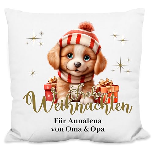 True Statements Weihnachtskissen personalisiert „Frohe Weihnachten!“ Hund-Motiv - 40x40cm, inkl. Kissen-Füllung – Deko Zierkissen Geschenk Weihnachten (Flauschiges Kissen) von True Statements