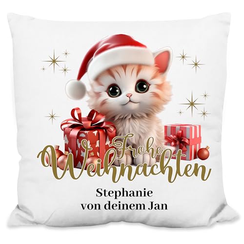 True Statements Weihnachtskissen personalisiert „Frohe Weihnachten!“ Katze-Motiv - 40x40cm, inkl. Kissen-Füllung – Deko Zierkissen Geschenk Weihnachten (Flauschiges Kissen) von True Statements