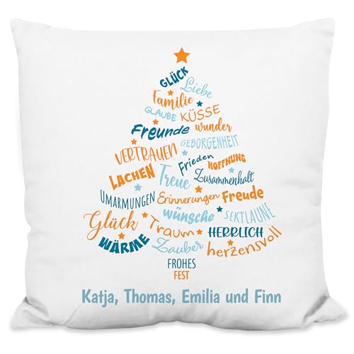 True Statements Weihnachtskissen personalisiert „Sprechender Tannenbaum in Blau“ - 40x40cm, inkl. Kissen-Füllung – Deko Zierkissen Geschenk Weihnachten (Flauschiges Kissen) von True Statements