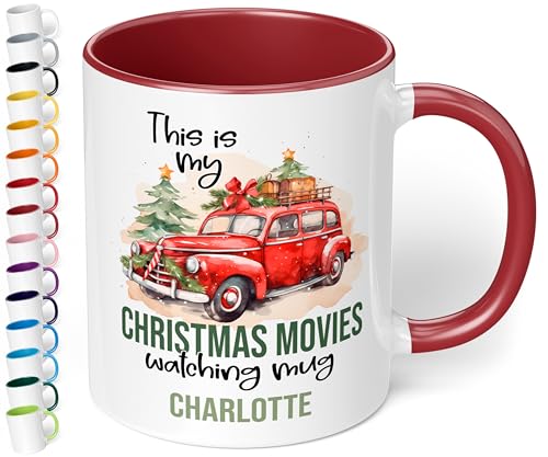 True Statements Weihnachtstasse mit Namen personalisiert „Christmas movies watching mug“ - 330ml Keramik Kaffeebecher mit Spruch – kleines Geschenk zu Weihnachten (Bordeaux) von True Statements