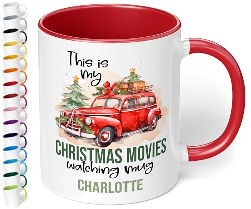 True Statements Weihnachtstasse mit Namen „Christmas movies watching mug“ - 330ml - personalisierter Keramik Kaffeebecher mit Spruch – individuelles kleines Geschenk zu Weihnachten (Rot) von True Statements