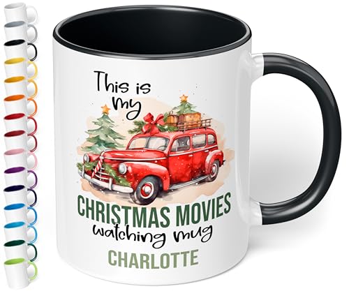 True Statements Weihnachtstasse mit Namen „Christmas movies watching mug“ - 330ml - personalisierter Keramik Kaffeebecher mit Spruch – kleines Geschenk zu Weihnachten (Schwarz) von True Statements