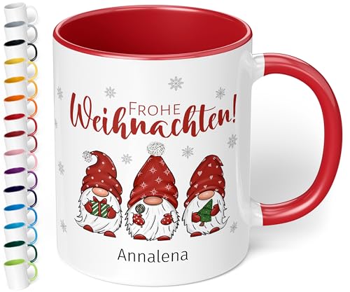 True Statements Weihnachtstasse mit Namen „Frohe Weihnachten!“ - mit 3 Wichtel-Motiv - 330ml - personalisierter Keramik Kaffeebecher mit Spruch – individuelles kleines Geschenk zu Weihnachten (Rot) von True Statements