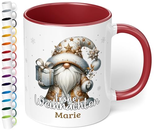 True Statements Weihnachtstasse mit Namen „Frohe Weihnachten!“ - mit Silber-Gold Wichtel-Motiv - 330ml - personalisierter Keramik Kaffeebecher – Geschenk zu Weihnachten (Bordeaux) von True Statements