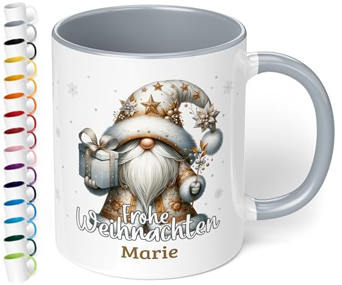 True Statements Weihnachtstasse mit Namen „Frohe Weihnachten!“ - mit Silber-Gold Wichtel-Motiv - 330ml - personalisierter Keramik Kaffeebecher mit Spruch – Geschenk zu Weihnachten (Grau) von True Statements