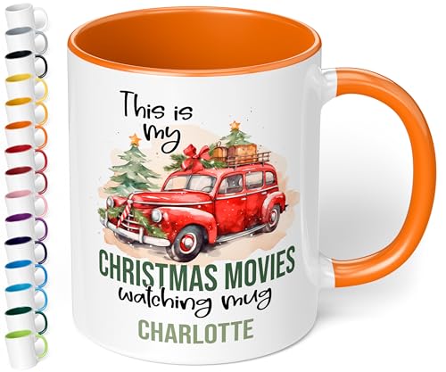 True Statements Weihnachtstasse mit Namen personalisiert „Christmas movies watching mug“ - 330ml Keramik Kaffeebecher mit Spruch – kleines Geschenk zu Weihnachten (Orange) von True Statements