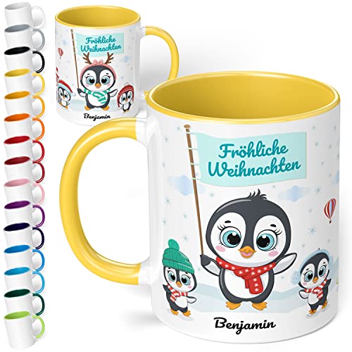 True Statements Weihnachtstasse mit Namen personalisiert „Fröhliche Weihnachten“ - mit Pinguin-Motiv - 330ml Keramik Kaffeebecher mit Spruch - Geschenk zu Weihnachten (Hellgelb) von True Statements