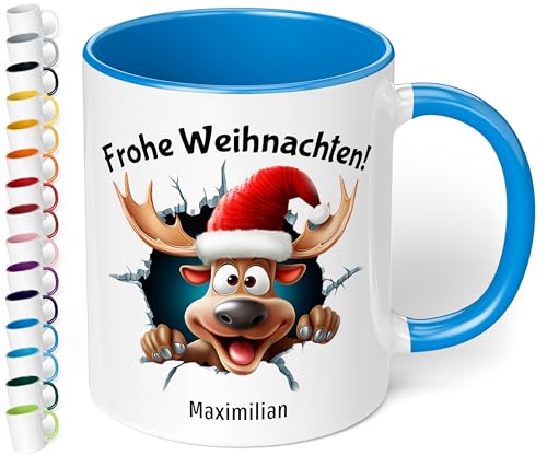 True Statements Weihnachtstasse mit Namen personalisiert „Frohe Weihnachten!“ - mit 3D Rentier-Motiv - 330ml Keramik Kaffeebecher mit Spruch – Geschenk für Kollegen & Familie (Cambridge Blau) von True Statements