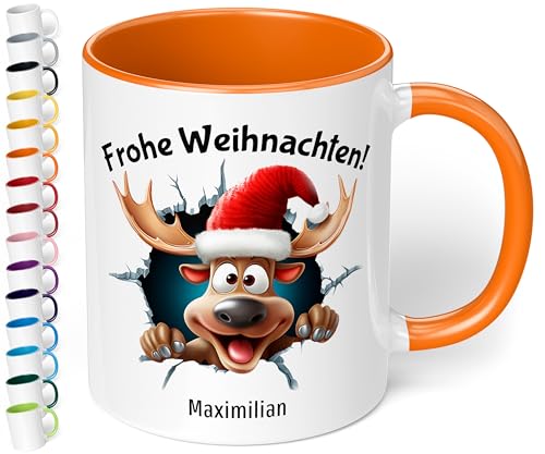 True Statements Weihnachtstasse mit Namen personalisiert „Frohe Weihnachten!“ - mit 3D Rentier-Motiv - 330ml Keramik Kaffeebecher mit Spruch – Geschenk für Kollegen & Familie (Orange) von True Statements