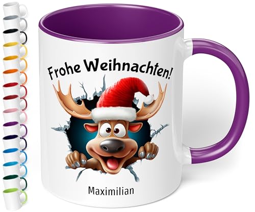 True Statements Weihnachtstasse mit Namen personalisiert „Frohe Weihnachten!“ - mit 3D Rentier-Motiv - 330ml Keramik Kaffeebecher mit Spruch – Geschenk für Kollegen & Familie (Violett) von True Statements