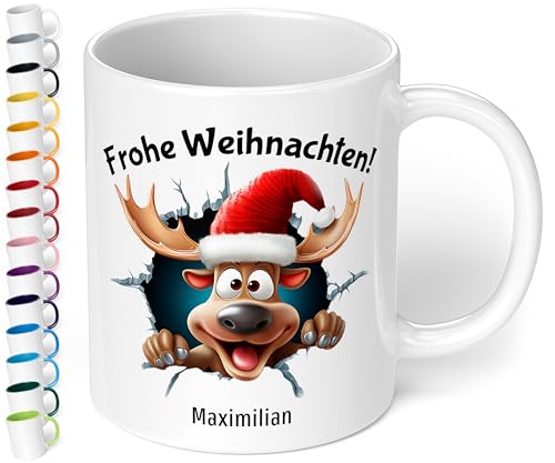 True Statements Weihnachtstasse mit Namen personalisiert „Frohe Weihnachten!“ - mit 3D Rentier-Motiv - 330ml Keramik Kaffeebecher mit Spruch – Geschenk für Kollegen & Familie (Weiß) von True Statements