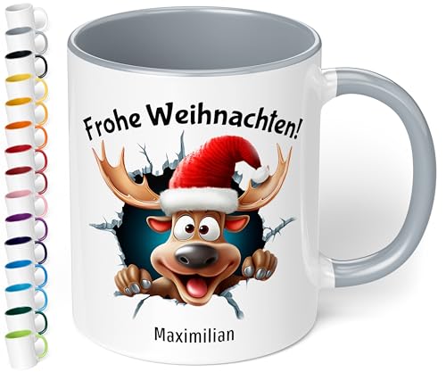 True Statements Weihnachtstasse mit Namen personalisiert „Frohe Weihnachten!“ - mit 3D Rentier-Motiv - 330ml Keramik Kaffeebecher mit Spruch – Geschenk zu Weihnachten für Kollegen & Familie (Grau) von True Statements