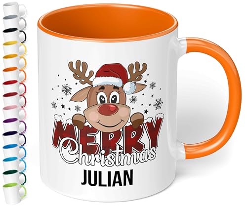 True Statements Weihnachtstasse mit Namen personalisiert „Merry Christmas“ - mit Rentier-Motiv - 330ml Keramik Kaffeebecher mit Spruch – Geschenk für Kollegen & Familie (Orange) von True Statements