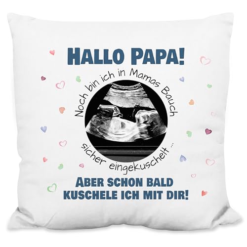 True Statements Werdender Vater Geschenk Deko-Kissen personalisiert mit Ultraschallbild „Hallo Papa!“ - 40x40cm, mit Kissen-Füllung - Idee Baby Schwangerschaft verkünden (strukturiert) von True Statements